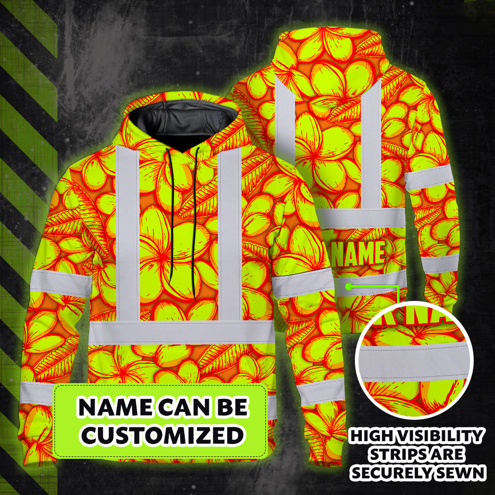 Hi Vis Hoodie Shirt Reflective Tapes Orange Neon Lime Plumeria Custom Name Safety Workwear For Workers, Truckers, Operators