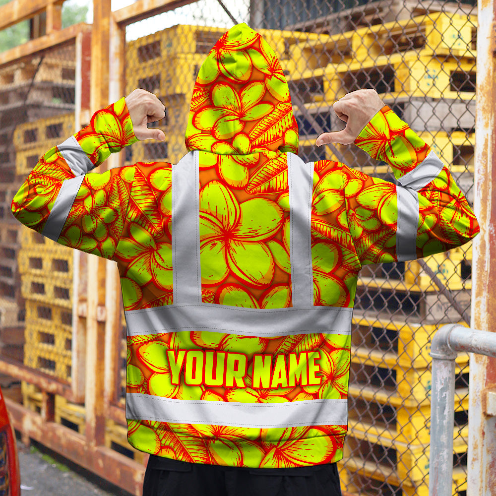 Hi Vis Hoodie Shirt Reflective Tapes Orange Neon Lime Plumeria Custom Name Safety Workwear For Workers, Truckers, Operators