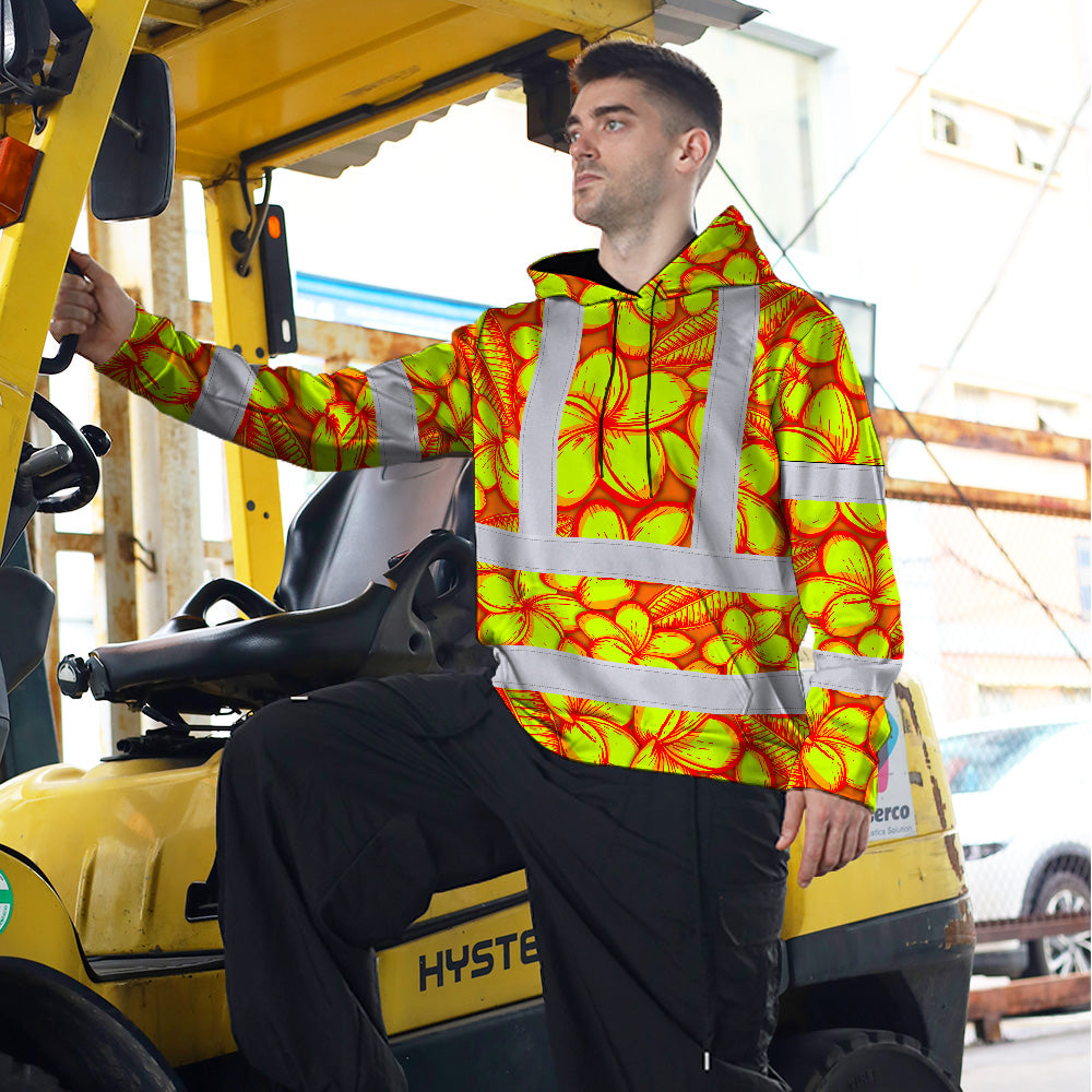 Hi Vis Hoodie Shirt Reflective Tapes Orange Neon Lime Plumeria Custom Name Safety Workwear For Workers, Truckers, Operators