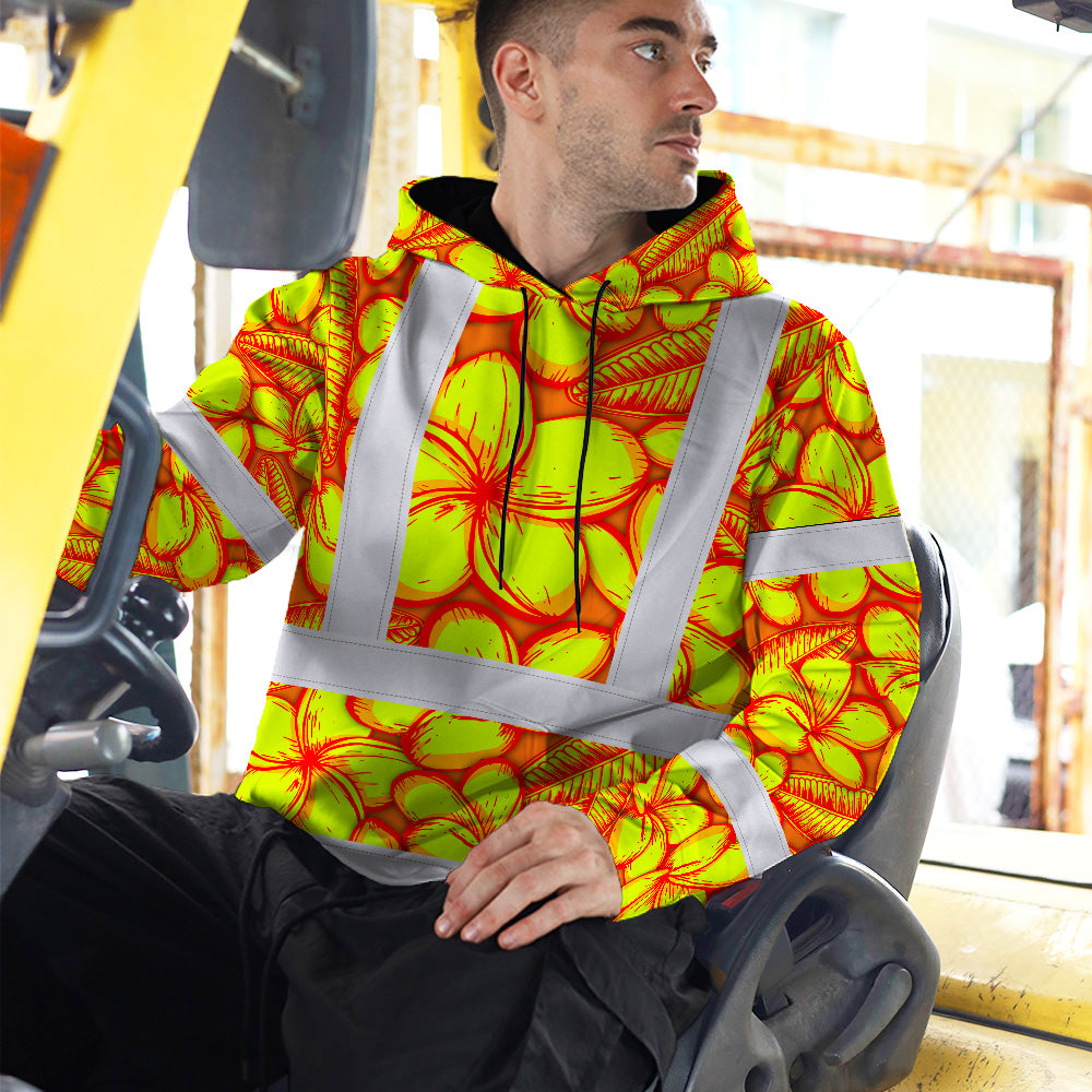 Hi Vis Hoodie Shirt Reflective Tapes Orange Neon Lime Plumeria Custom Name Safety Workwear For Workers, Truckers, Operators