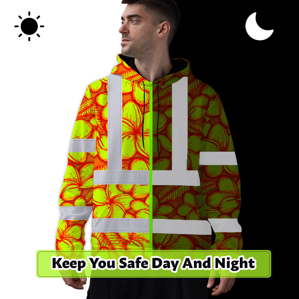 Hi Vis Hoodie Shirt Reflective Tapes Orange Neon Lime Plumeria Custom Name Safety Workwear For Workers, Truckers, Operators