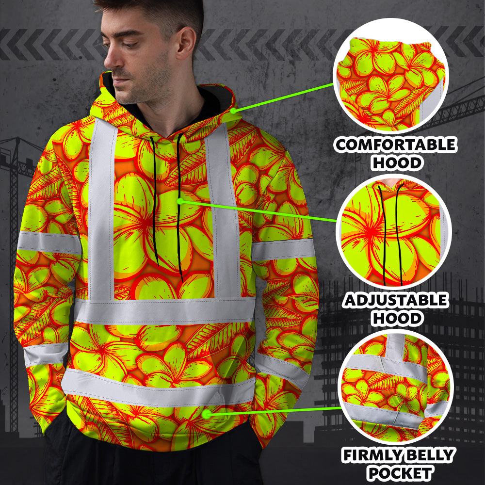 Hi Vis Hoodie Shirt Reflective Tapes Orange Neon Lime Plumeria Custom Name Safety Workwear For Workers, Truckers, Operators