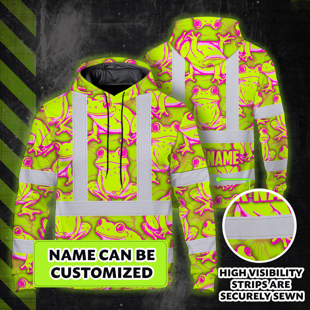 Hi Vis Hoodie Shirt Reflective Tapes Pink And Lime Neon Frog Custom Name Safety Workwear For Workers, Truckers, Operators