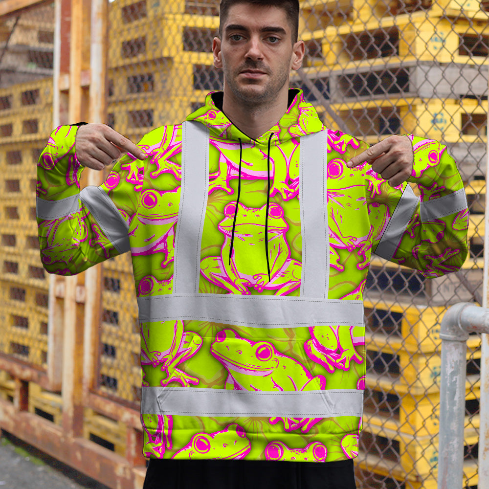 Hi Vis Hoodie Shirt Reflective Tapes Pink And Lime Neon Frog Custom Name Safety Workwear For Workers, Truckers, Operators