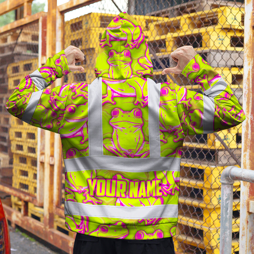 Hi Vis Hoodie Shirt Reflective Tapes Pink And Lime Neon Frog Custom Name Safety Workwear For Workers, Truckers, Operators