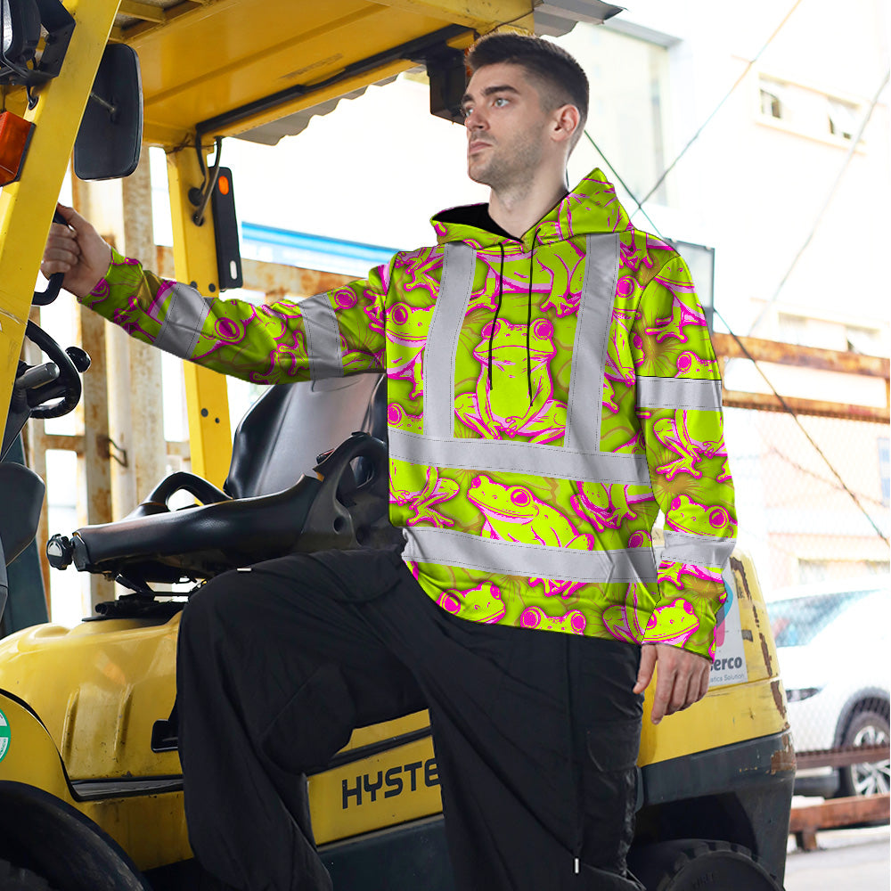 Hi Vis Hoodie Shirt Reflective Tapes Pink And Lime Neon Frog Custom Name Safety Workwear For Workers, Truckers, Operators