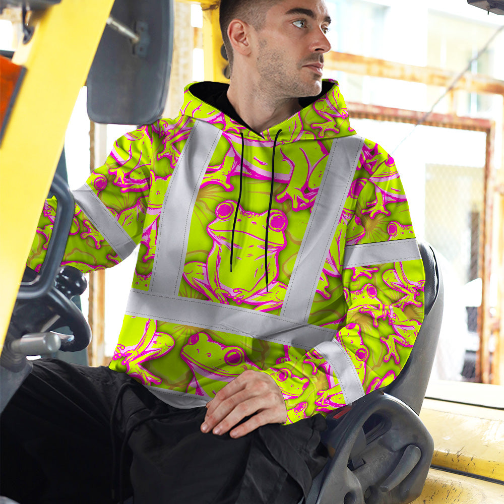 Hi Vis Hoodie Shirt Reflective Tapes Pink And Lime Neon Frog Custom Name Safety Workwear For Workers, Truckers, Operators