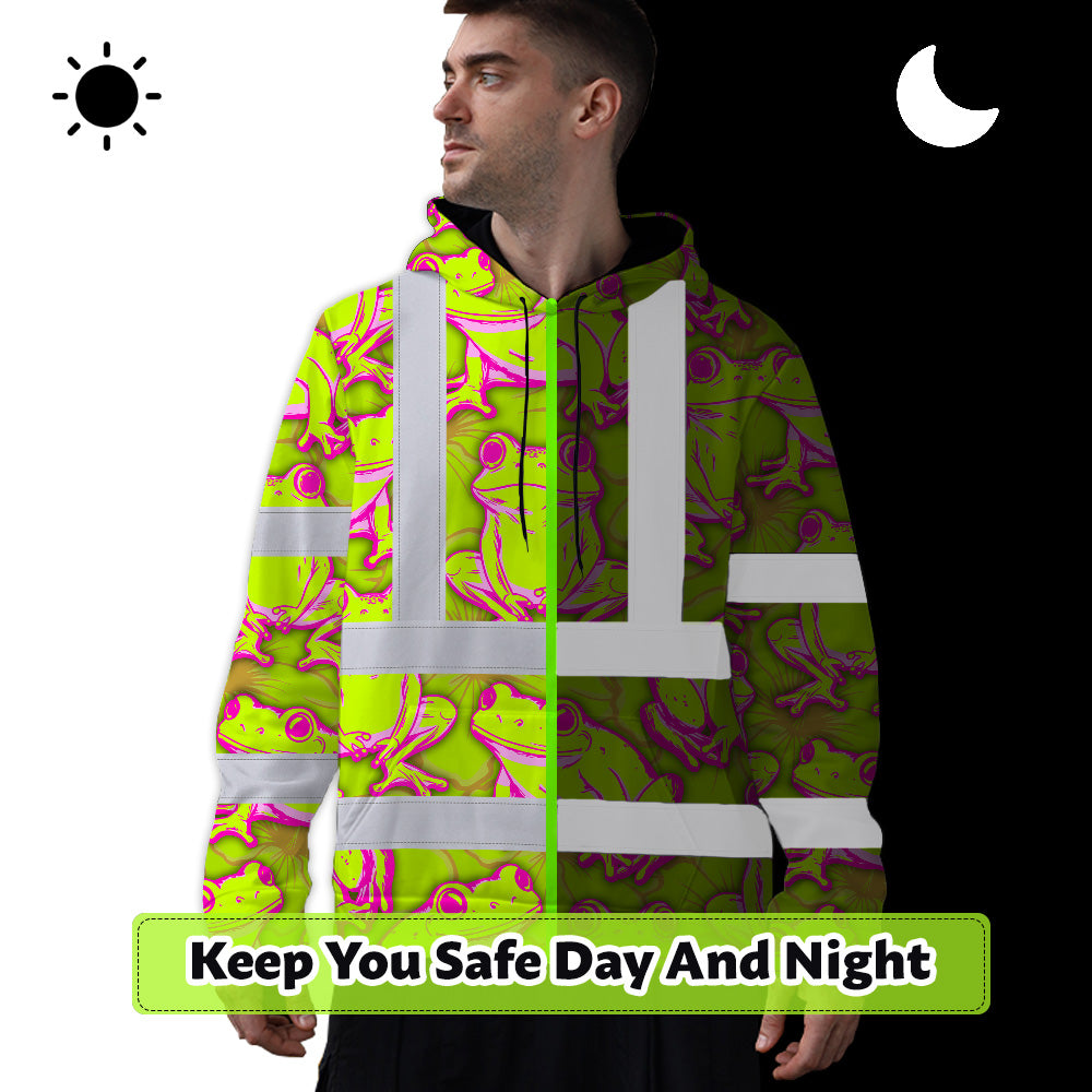 Hi Vis Hoodie Shirt Reflective Tapes Pink And Lime Neon Frog Custom Name Safety Workwear For Workers, Truckers, Operators
