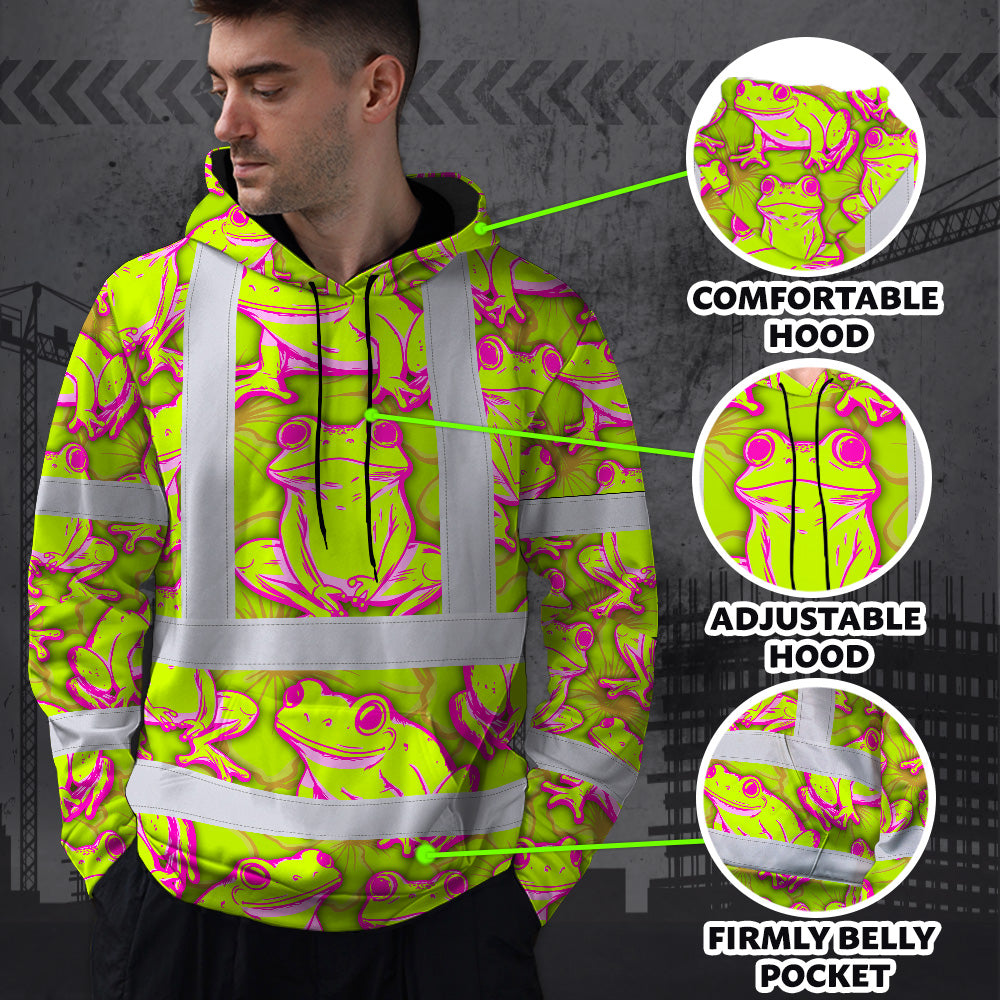 Hi Vis Hoodie Shirt Reflective Tapes Pink And Lime Neon Frog Custom Name Safety Workwear For Workers, Truckers, Operators