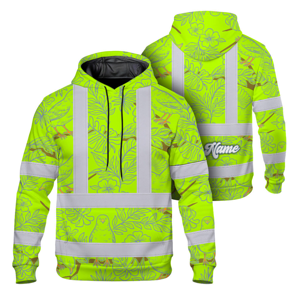 Hi Vis Hoodie Shirt Reflective Tapes Lime Neon White 2 Flowers Custom Name Safety Workwear For Workers, Truckers, Operators