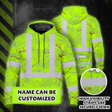 Hi Vis Hoodie Shirt Reflective Tapes Lime Neon White 2 Flowers Custom Name Safety Workwear For Workers, Truckers, Operators