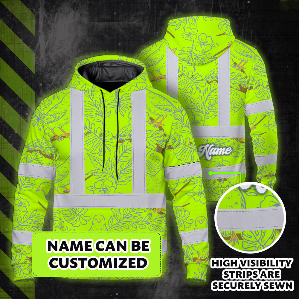 Hi Vis Hoodie Shirt Reflective Tapes Lime Neon White 2 Flowers Custom Name Safety Workwear For Workers, Truckers, Operators
