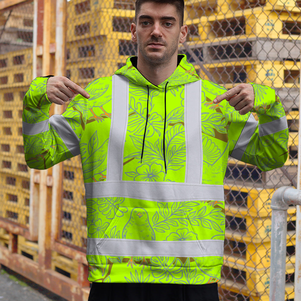 Hi Vis Hoodie Shirt Reflective Tapes Lime Neon White 2 Flowers Custom Name Safety Workwear For Workers, Truckers, Operators