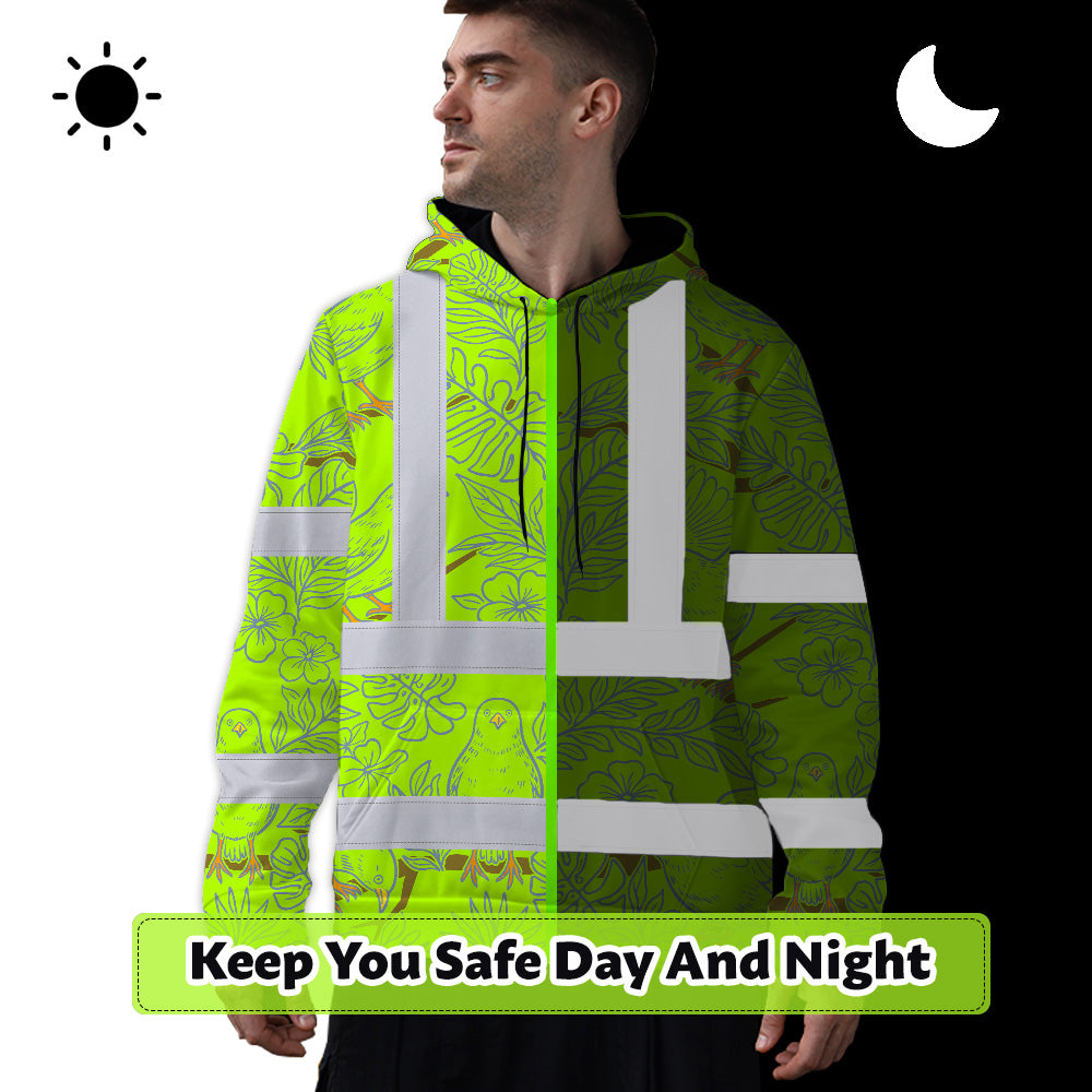 Hi Vis Hoodie Shirt Reflective Tapes Lime Neon White 2 Flowers Custom Name Safety Workwear For Workers, Truckers, Operators