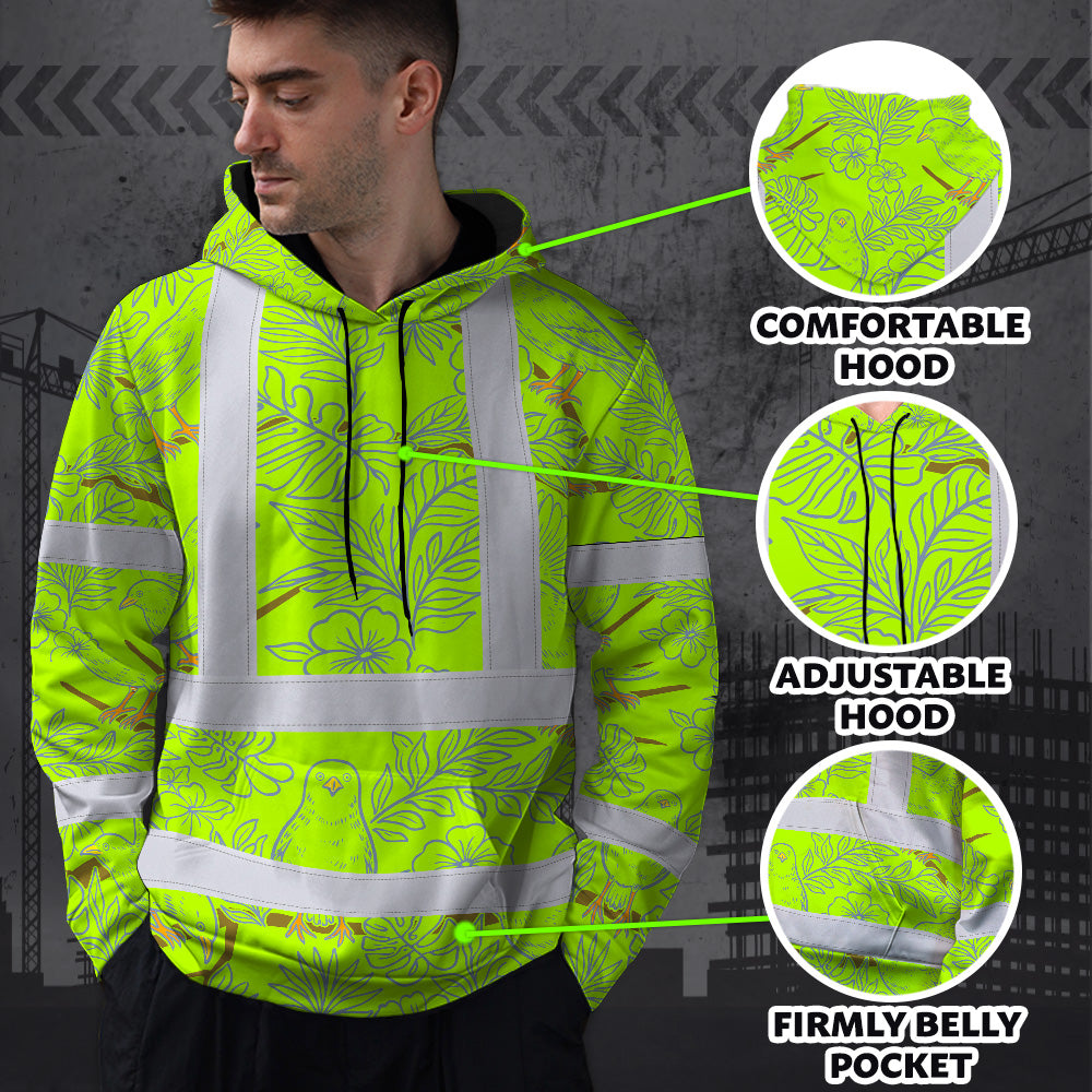 Hi Vis Hoodie Shirt Reflective Tapes Lime Neon White 2 Flowers Custom Name Safety Workwear For Workers, Truckers, Operators