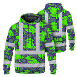Hi Vis Hoodie Shirt Reflective Tapes Green Neon Violet Frog Custom Name Safety Workwear For Workers, Truckers, Operators
