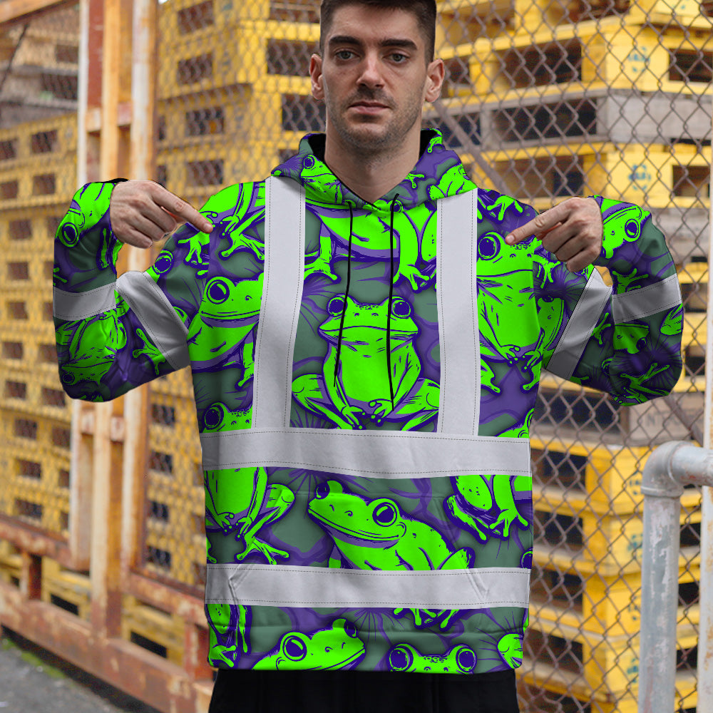 Hi Vis Hoodie Shirt Reflective Tapes Green Neon Violet Frog Custom Name Safety Workwear For Workers, Truckers, Operators