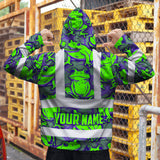 Hi Vis Hoodie Shirt Reflective Tapes Green Neon Violet Frog Custom Name Safety Workwear For Workers, Truckers, Operators