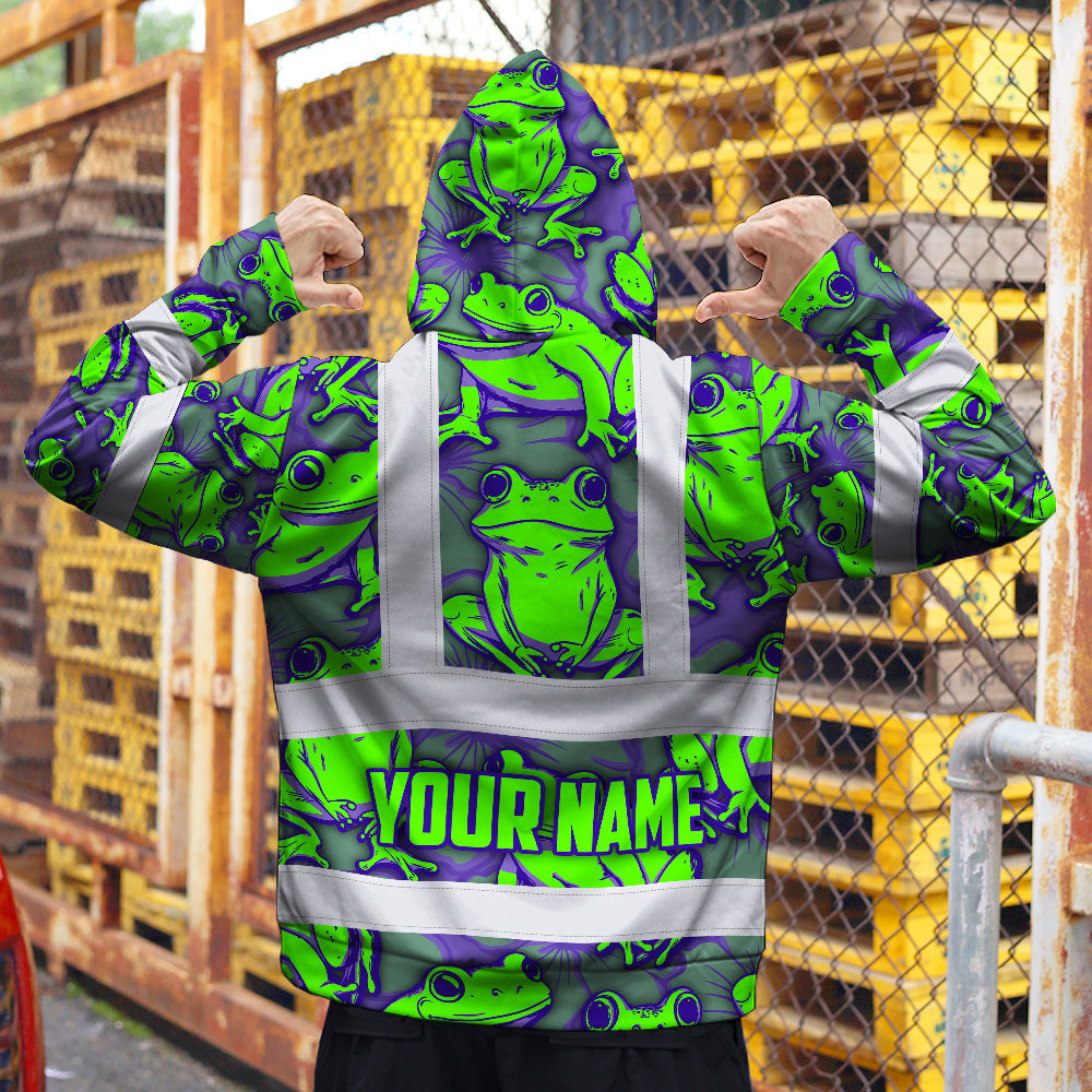 Hi Vis Hoodie Shirt Reflective Tapes Green Neon Violet Frog Custom Name Safety Workwear For Workers, Truckers, Operators