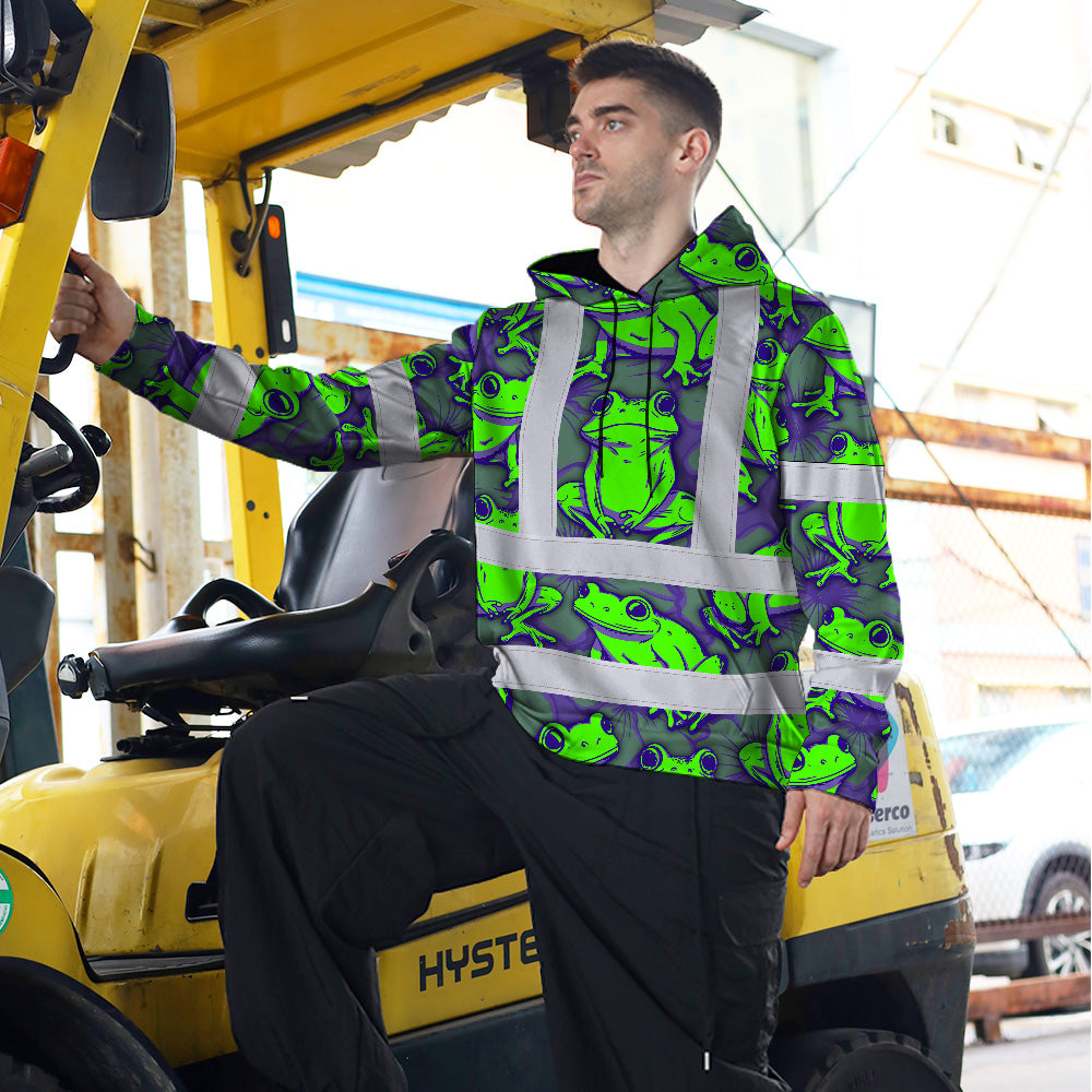 Hi Vis Hoodie Shirt Reflective Tapes Green Neon Violet Frog Custom Name Safety Workwear For Workers, Truckers, Operators