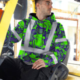 Hi Vis Hoodie Shirt Reflective Tapes Green Neon Violet Frog Custom Name Safety Workwear For Workers, Truckers, Operators