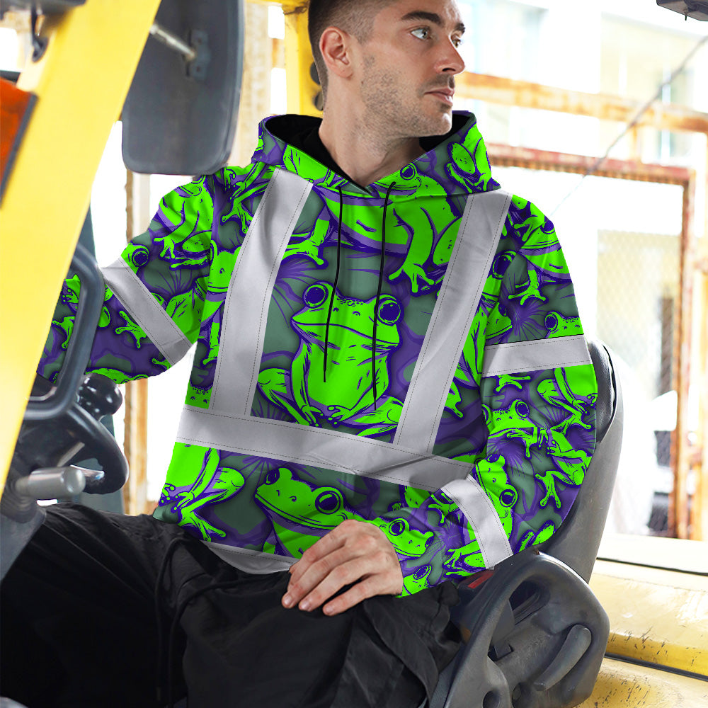 Hi Vis Hoodie Shirt Reflective Tapes Green Neon Violet Frog Custom Name Safety Workwear For Workers, Truckers, Operators