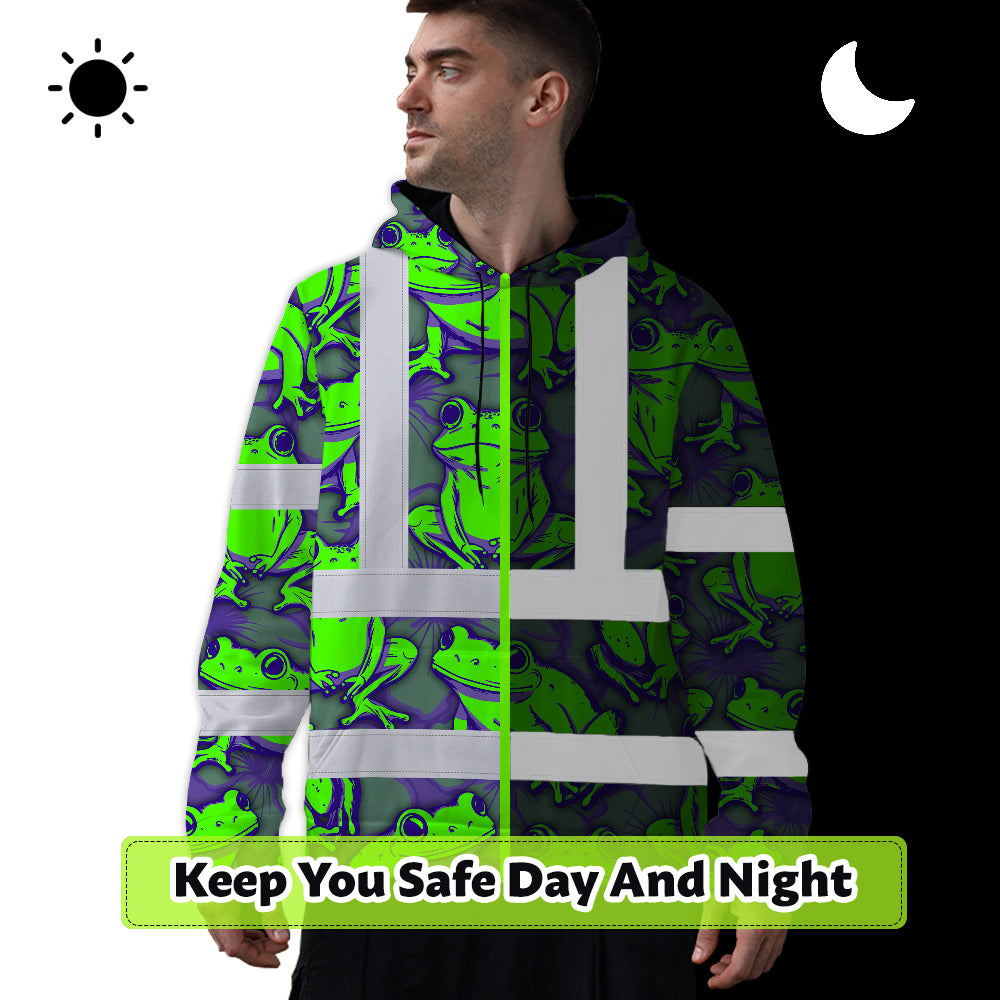 Hi Vis Hoodie Shirt Reflective Tapes Green Neon Violet Frog Custom Name Safety Workwear For Workers, Truckers, Operators