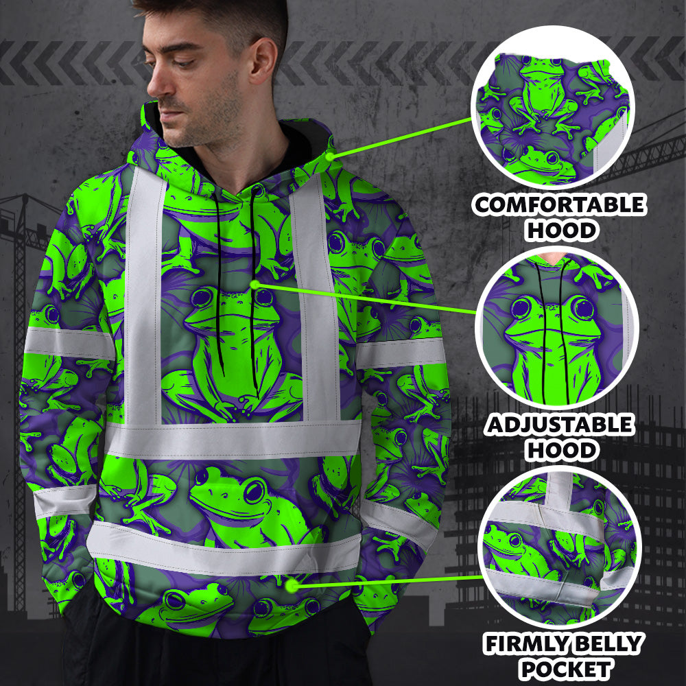 Hi Vis Hoodie Shirt Reflective Tapes Green Neon Violet Frog Custom Name Safety Workwear For Workers, Truckers, Operators