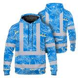 Hi Vis Hoodie Shirt Reflective Tapes Blue Neon White 2 Flowers Custom Name Safety Workwear For Workers, Truckers, Operators