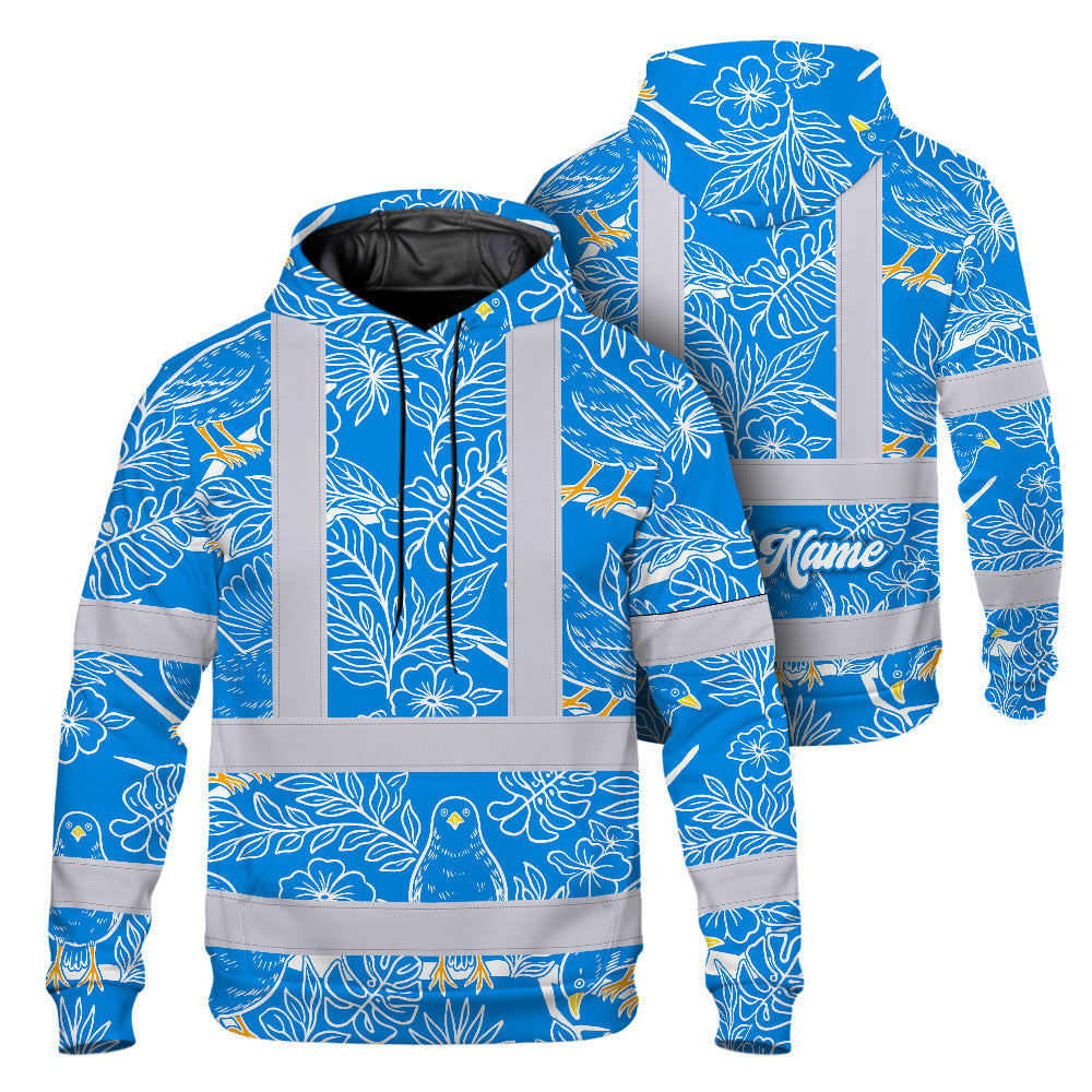 Hi Vis Hoodie Shirt Reflective Tapes Blue Neon White 2 Flowers Custom Name Safety Workwear For Workers, Truckers, Operators