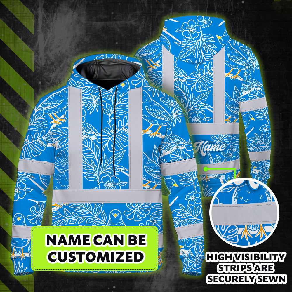 Hi Vis Hoodie Shirt Reflective Tapes Blue Neon White 2 Flowers Custom Name Safety Workwear For Workers, Truckers, Operators