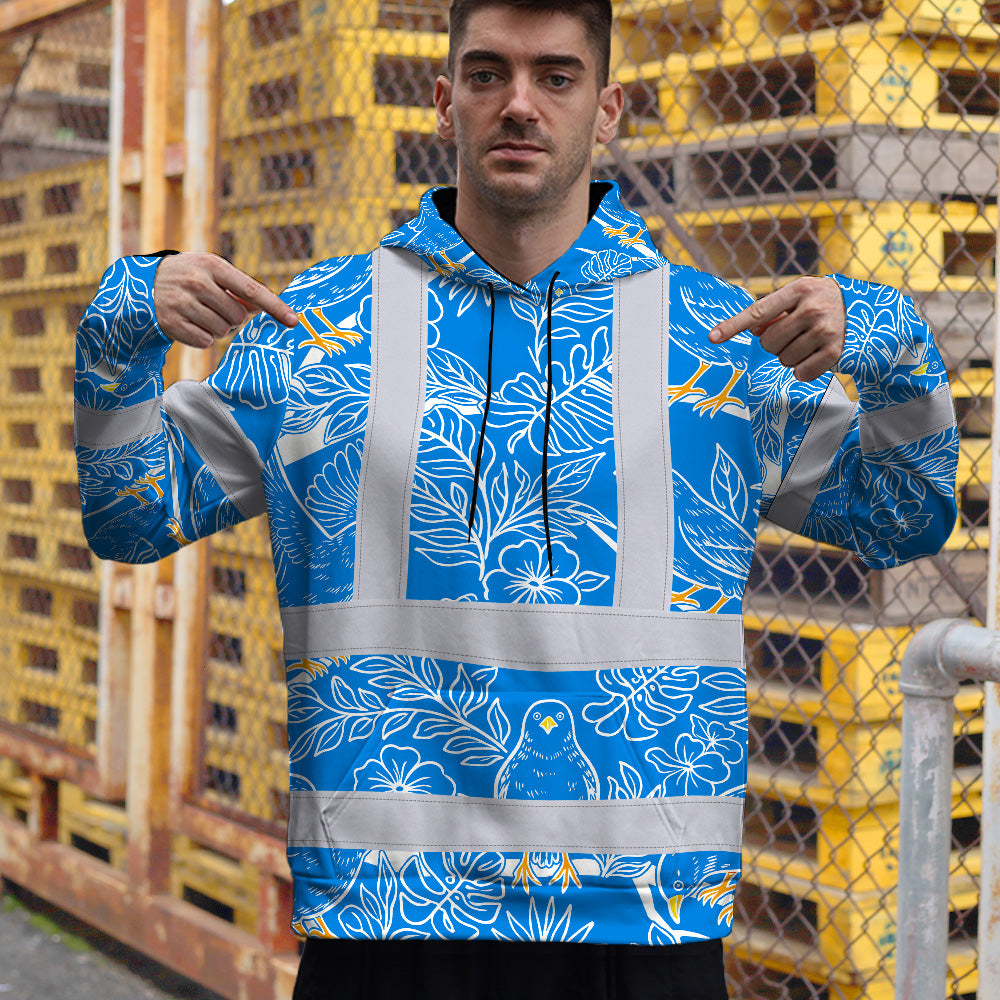 Hi Vis Hoodie Shirt Reflective Tapes Blue Neon White 2 Flowers Custom Name Safety Workwear For Workers, Truckers, Operators