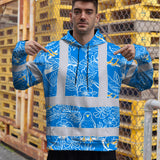 Hi Vis Hoodie Shirt Reflective Tapes Blue Neon White 2 Flowers Custom Name Safety Workwear For Workers, Truckers, Operators