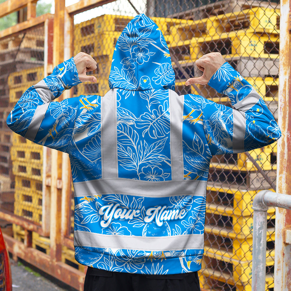 Hi Vis Hoodie Shirt Reflective Tapes Blue Neon White 2 Flowers Custom Name Safety Workwear For Workers, Truckers, Operators