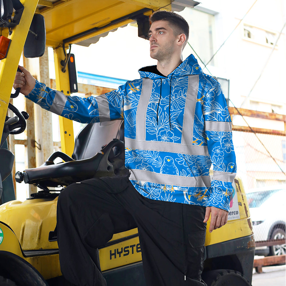 Hi Vis Hoodie Shirt Reflective Tapes Blue Neon White 2 Flowers Custom Name Safety Workwear For Workers, Truckers, Operators