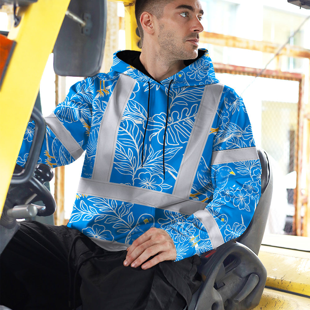 Hi Vis Hoodie Shirt Reflective Tapes Blue Neon White 2 Flowers Custom Name Safety Workwear For Workers, Truckers, Operators