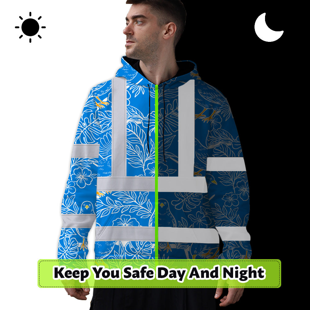 Hi Vis Hoodie Shirt Reflective Tapes Blue Neon White 2 Flowers Custom Name Safety Workwear For Workers, Truckers, Operators