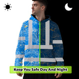 Hi Vis Hoodie Shirt Reflective Tapes Blue Neon White 2 Flowers Custom Name Safety Workwear For Workers, Truckers, Operators