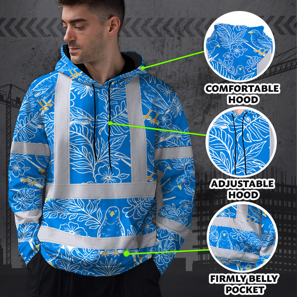 Hi Vis Hoodie Shirt Reflective Tapes Blue Neon White 2 Flowers Custom Name Safety Workwear For Workers, Truckers, Operators