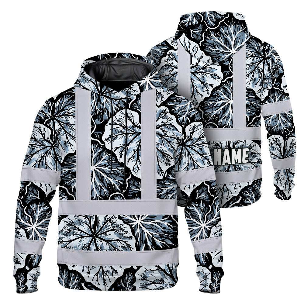 Hi Vis Hoodie Shirt Reflective Tapes Black Grey Flowers Custom Name Safety Workwear For Workers, Truckers, Operators