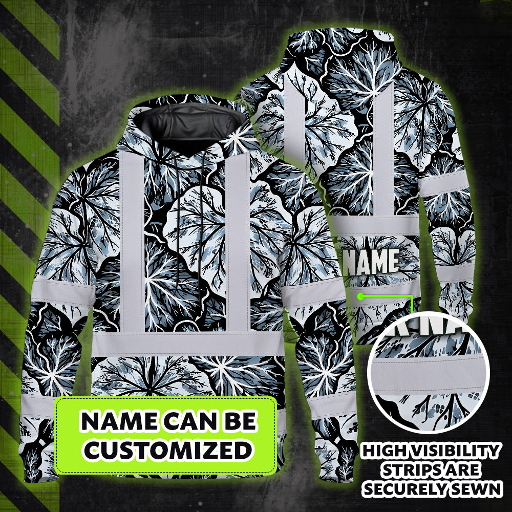 Hi Vis Hoodie Shirt Reflective Tapes Black Grey Flowers Custom Name Safety Workwear For Workers, Truckers, Operators