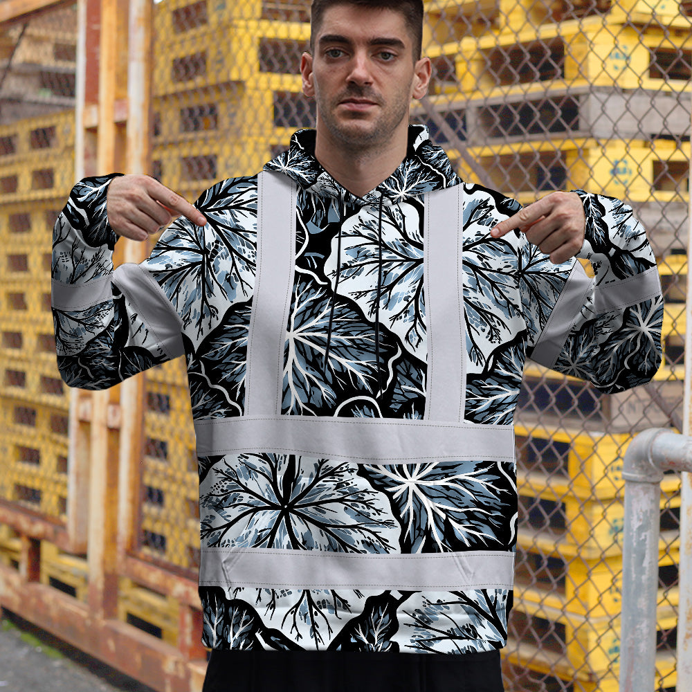 Hi Vis Hoodie Shirt Reflective Tapes Black Grey Flowers Custom Name Safety Workwear For Workers, Truckers, Operators