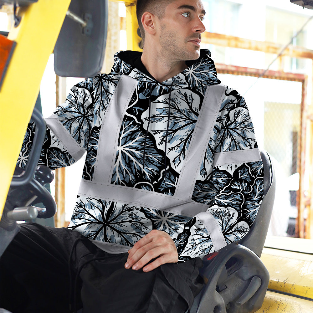 Hi Vis Hoodie Shirt Reflective Tapes Black Grey Flowers Custom Name Safety Workwear For Workers, Truckers, Operators