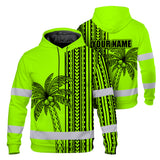 Hi Vis Hoodie Shirt Reflective Tapes Lime Neon Polynesian And Tree Custom Name Safety Workwear For Workers, Truckers, Operators