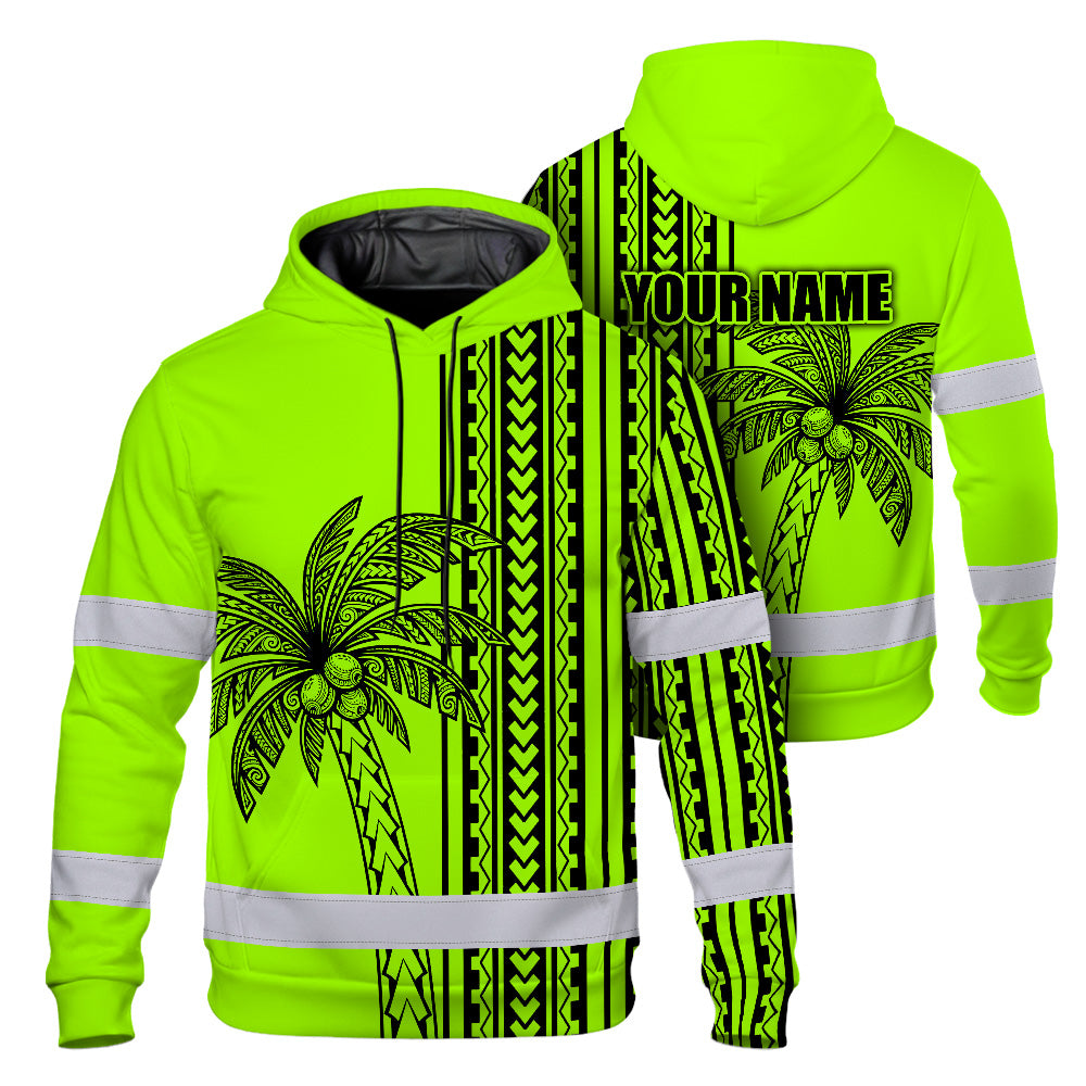 Hi Vis Hoodie Shirt Reflective Tapes Lime Neon Polynesian And Tree Custom Name Safety Workwear For Workers, Truckers, Operators