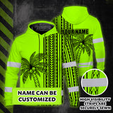 Hi Vis Hoodie Shirt Reflective Tapes Lime Neon Polynesian And Tree Custom Name Safety Workwear For Workers, Truckers, Operators