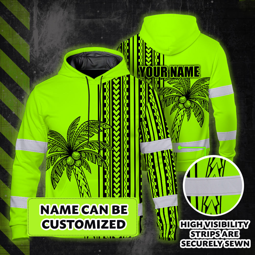 Hi Vis Hoodie Shirt Reflective Tapes Lime Neon Polynesian And Tree Custom Name Safety Workwear For Workers, Truckers, Operators