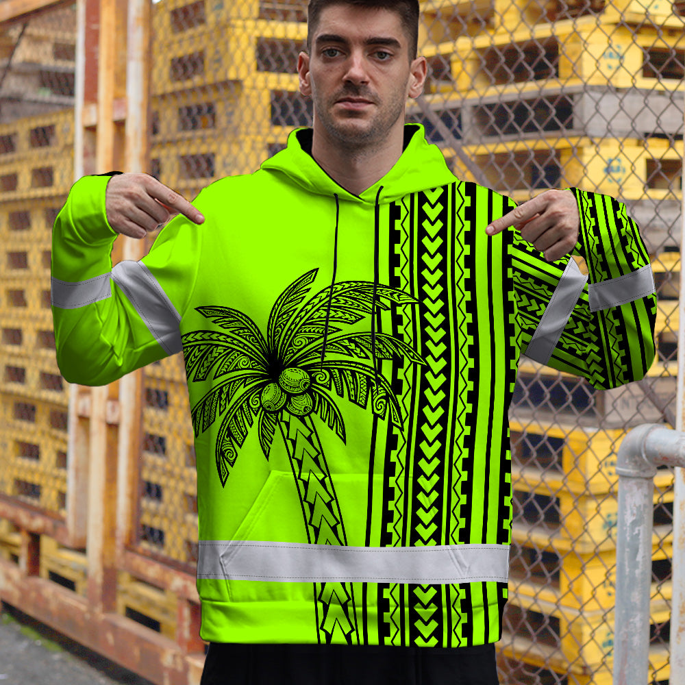 Hi Vis Hoodie Shirt Reflective Tapes Lime Neon Polynesian And Tree Custom Name Safety Workwear For Workers, Truckers, Operators