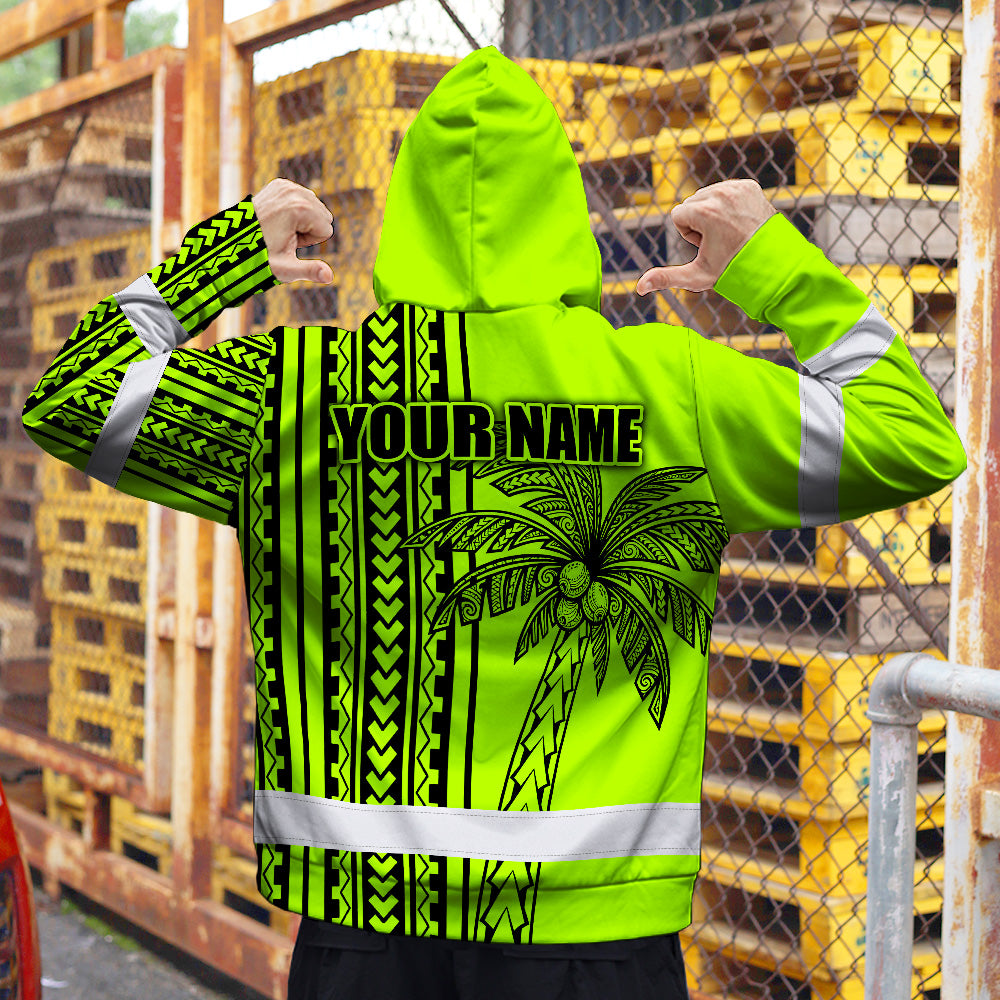 Hi Vis Hoodie Shirt Reflective Tapes Lime Neon Polynesian And Tree Custom Name Safety Workwear For Workers, Truckers, Operators