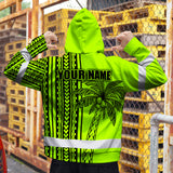 Hi Vis Hoodie Shirt Reflective Tapes Lime Neon Polynesian And Tree Custom Name Safety Workwear For Workers, Truckers, Operators